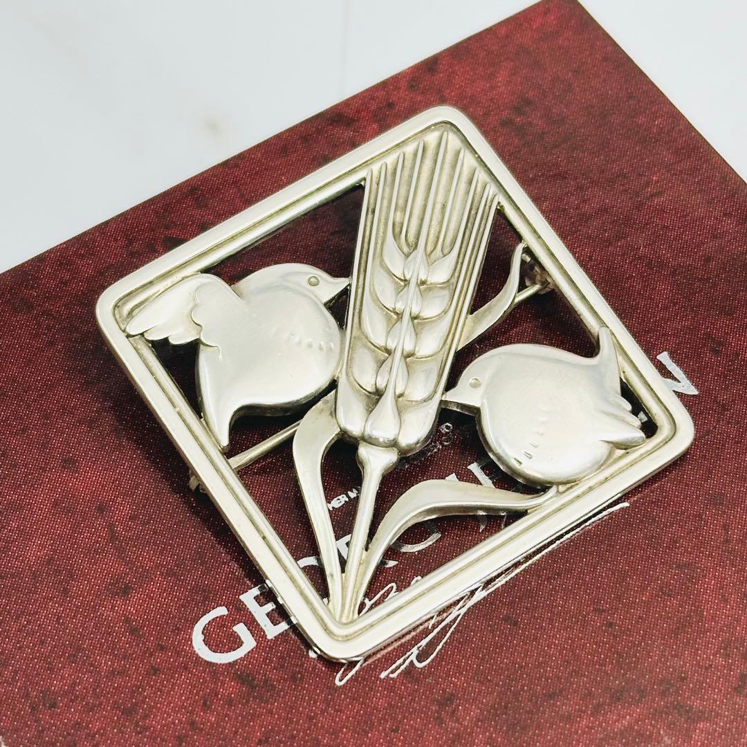   250 シルバーブローチ　スクエア　バード　小鳥　麦