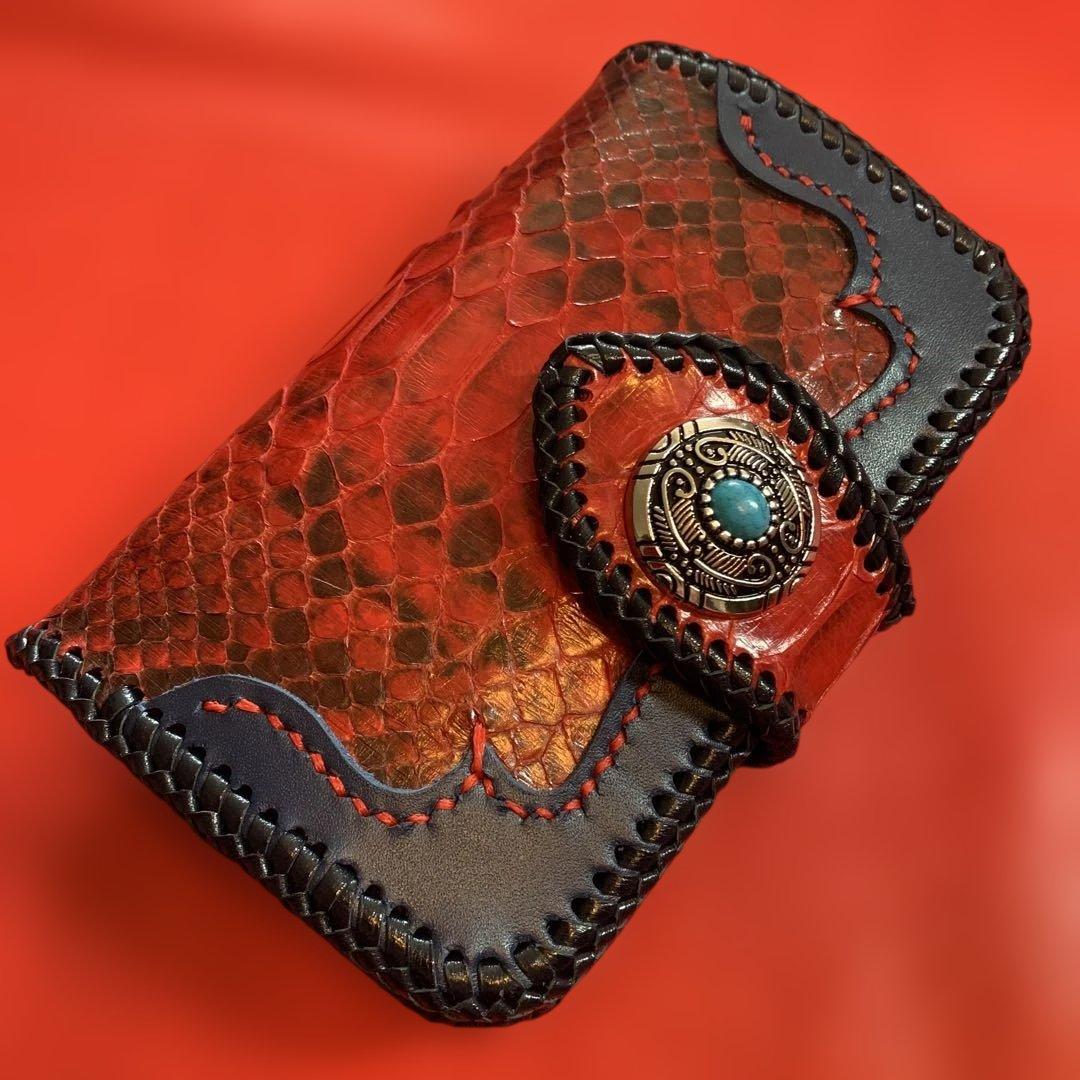 ハンドメイドレザークラフトレッドパイソンミドルウォレット牛革紺色牛レース編み紺色