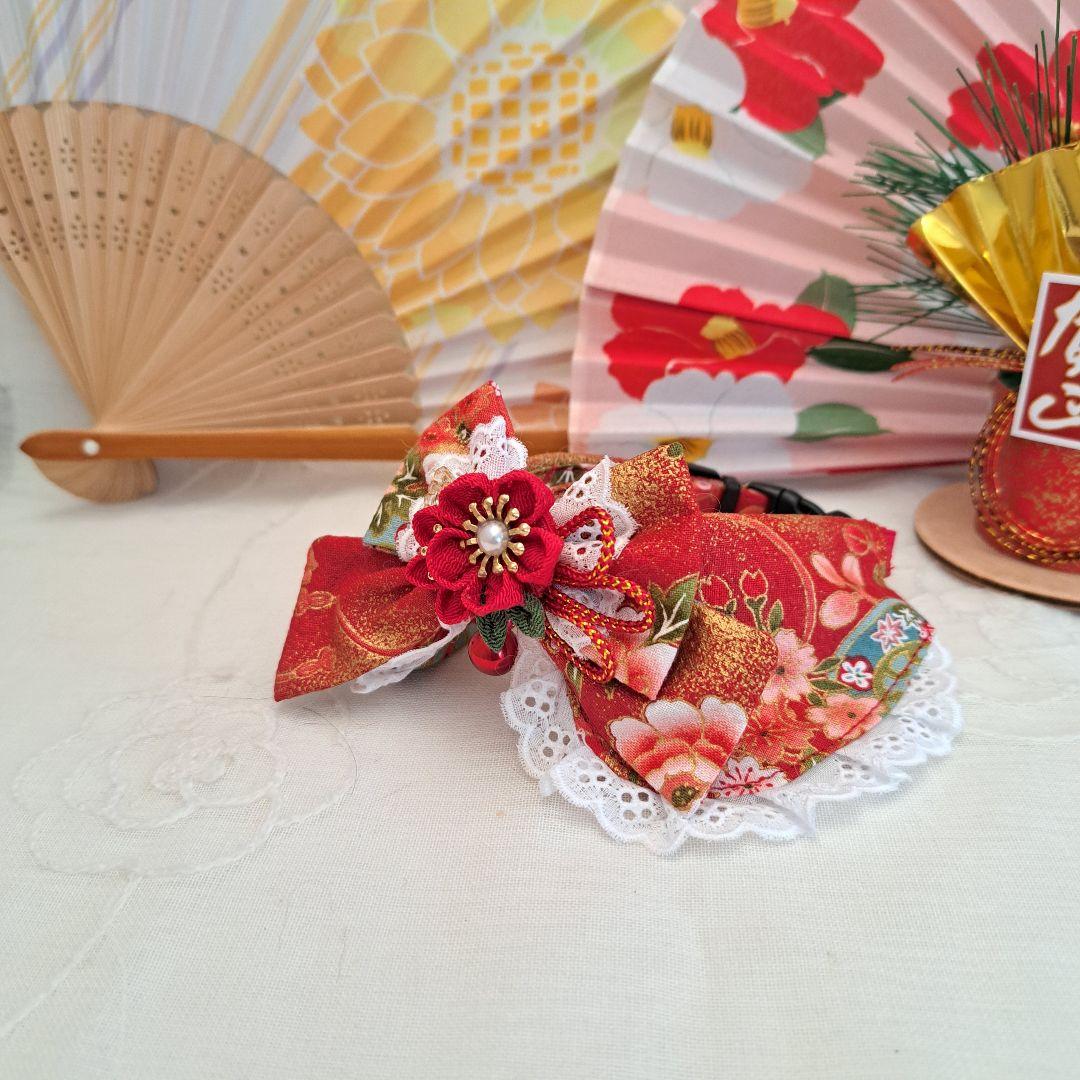 お正月仕様和風つまみ細工(赤③)わんちゃん猫ちゃん用襟つき首輪