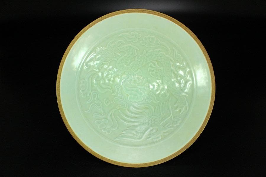 中国美術 青白磁 陽刻 鳳紋 碗 φ20cm(K-LC194)