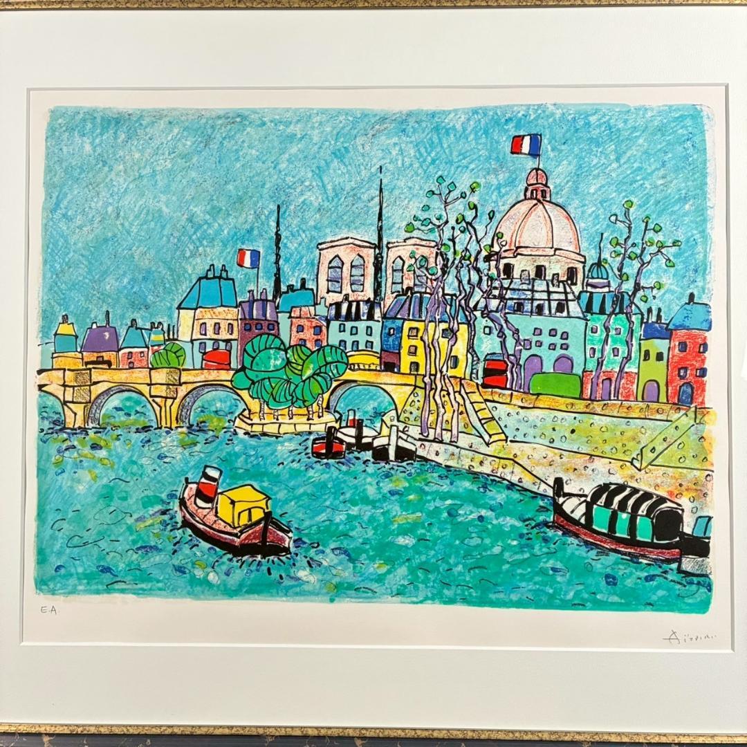 美品 ポール・アイズピリ「ポンヌフ」リトグラフ 直筆サイン入 額縁入 フランス
