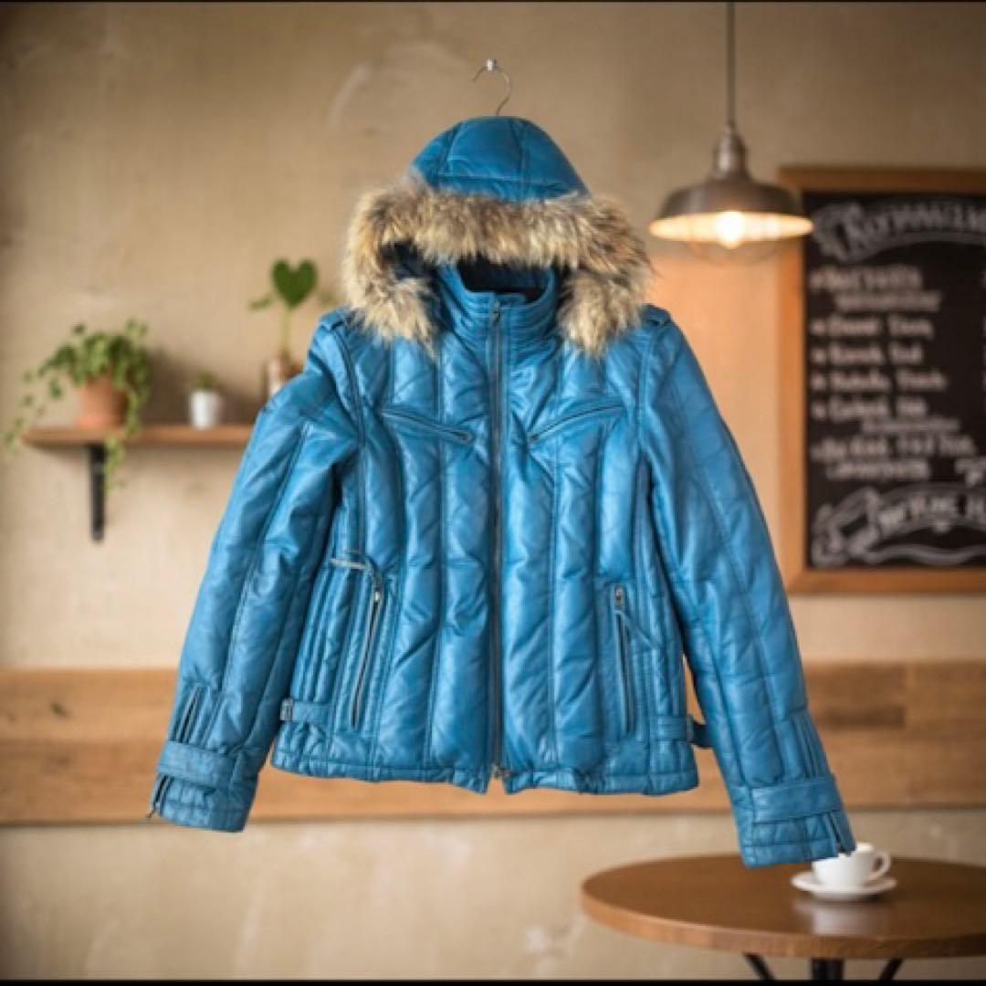 高級 大きいサイズ 3L HARUF ラムレザー ダウンジャケット ライダース