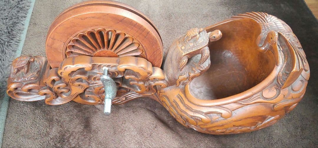 木製鶴亀彫刻オブジェ