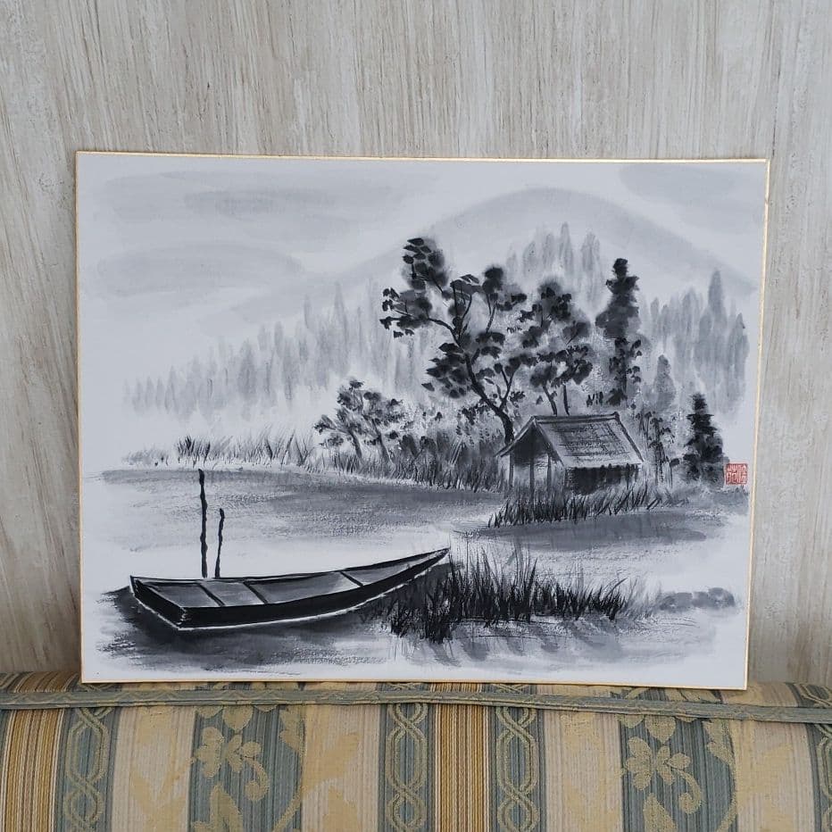 水墨画　水辺風景