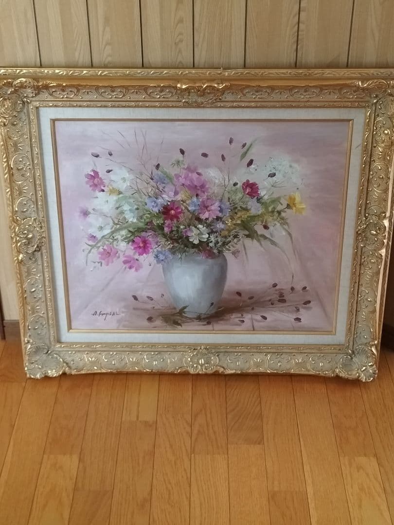 林昭子 油彩画 花瓶の花 金色フレーム