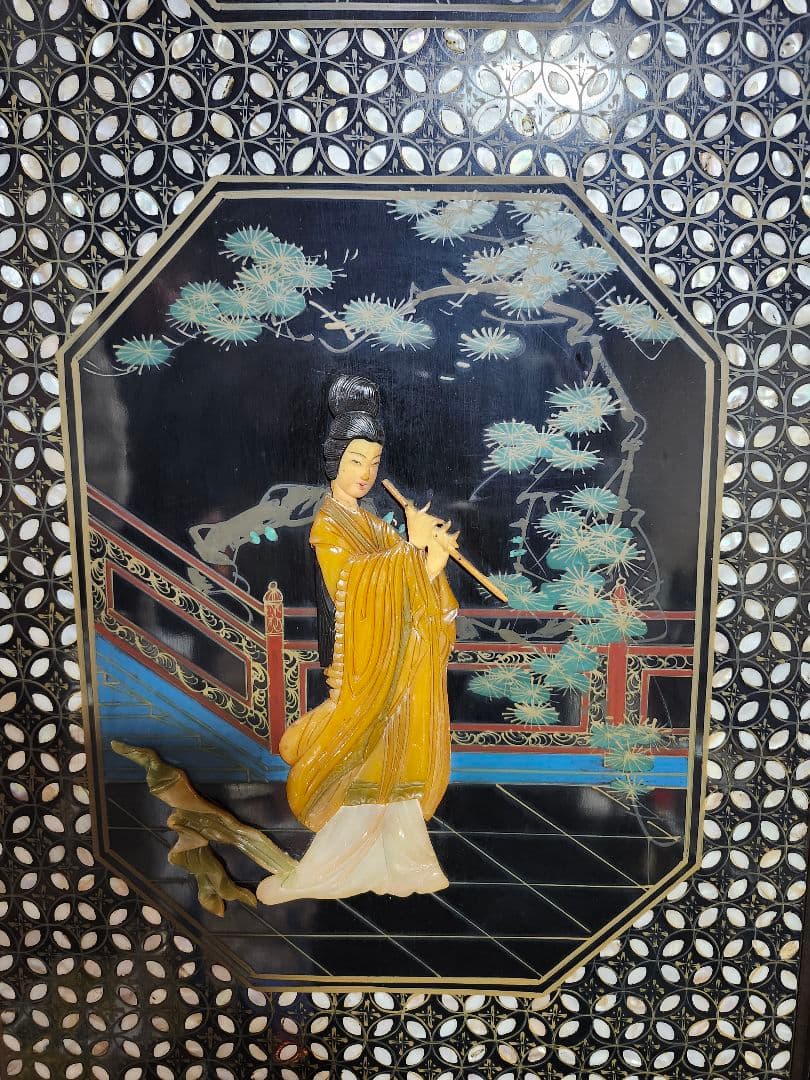 アジアン家具 パネル 屏風 玉石、貝嵌細工 大型