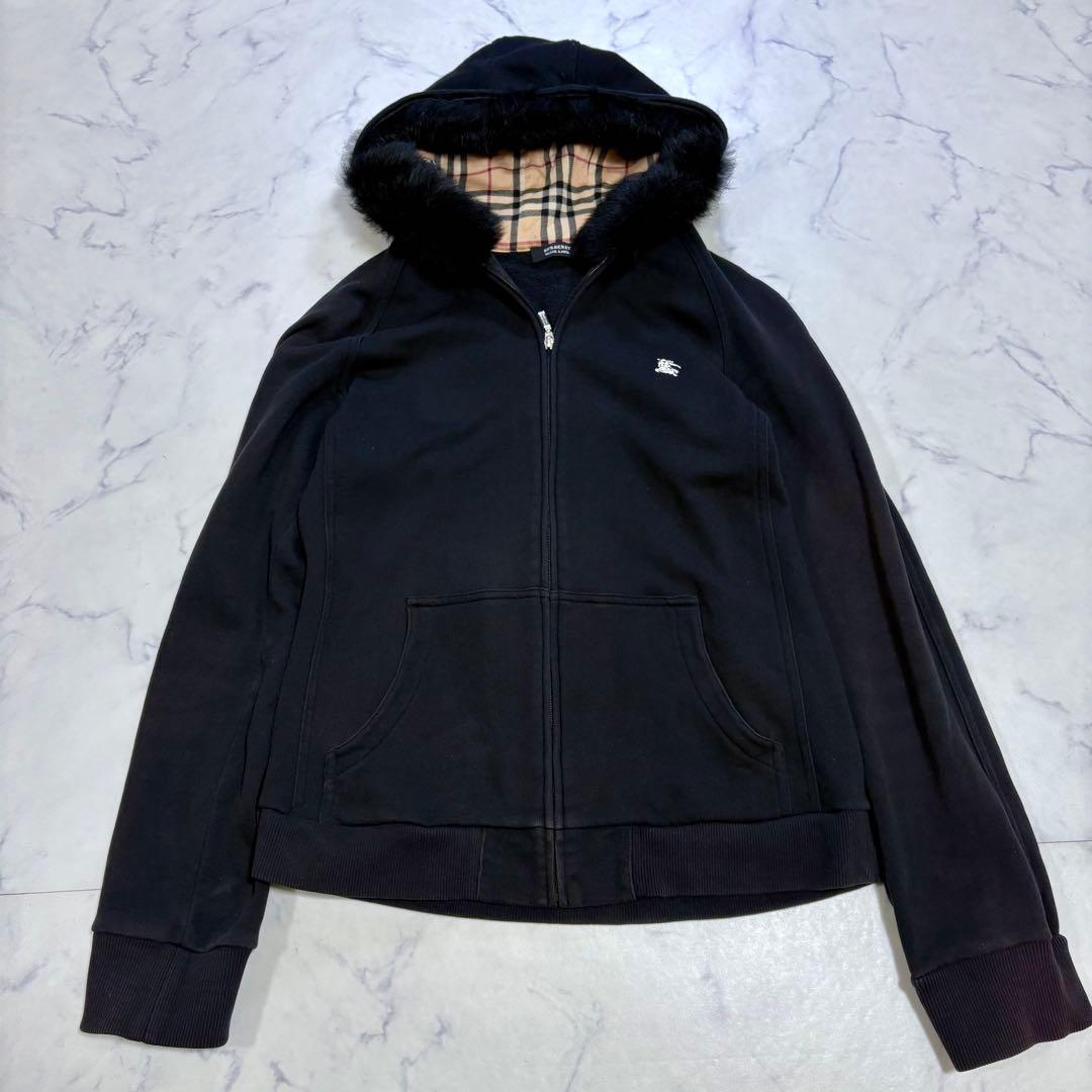 バーバリー ブラックレーベル ノバチェックフード付きジップパーカー L相当 黒