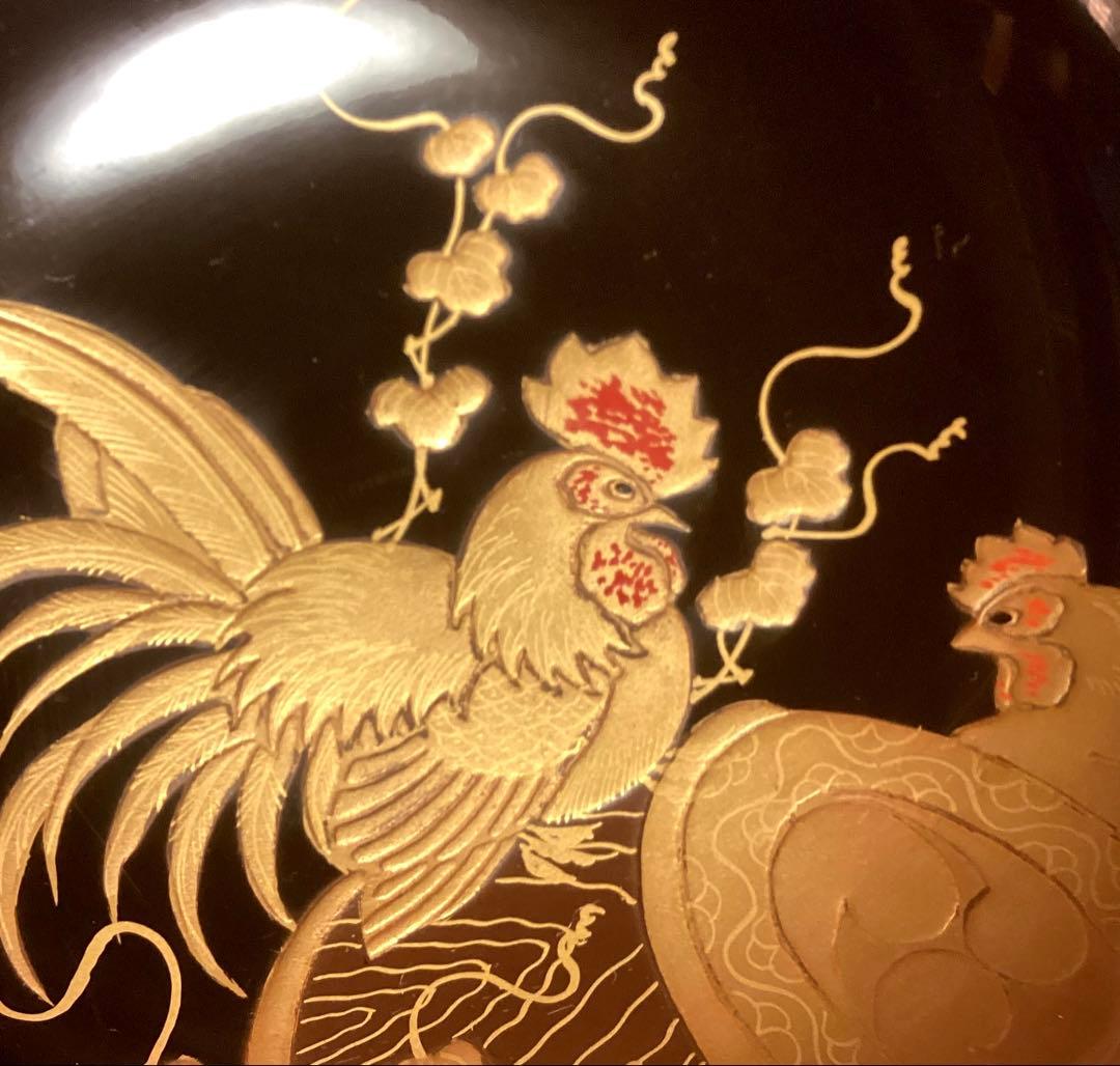 A914 木製輪島塗　潤み色　隠し絵蒔絵　閑古鳥蒔絵　鶏　5客
