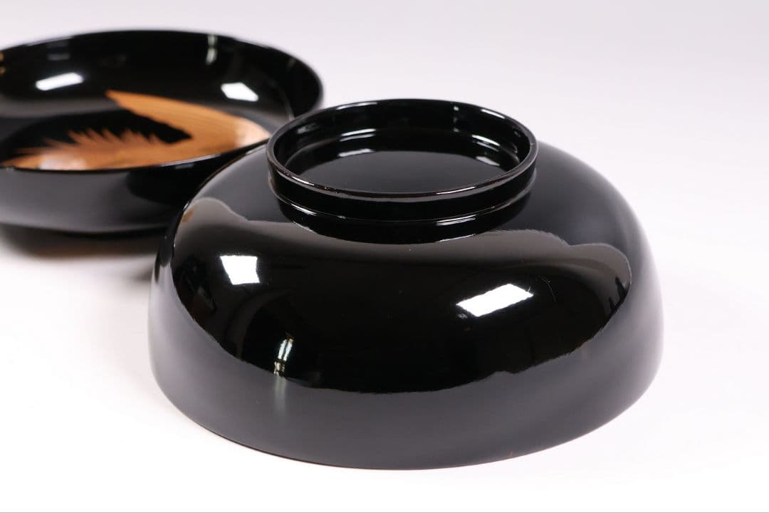 【CM399】天然木漆塗 菊桐鳳凰金蒔絵 黒塗 煮物椀 1客 昭和期 木製漆器