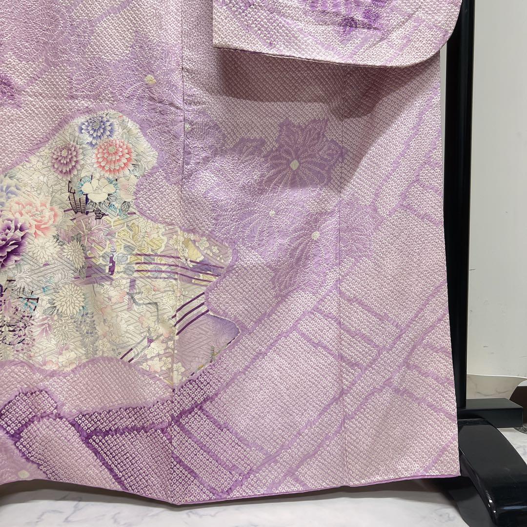 振袖　総絞り　銀彩　牡丹　梅花　薄紫　成人式　着物　125tz