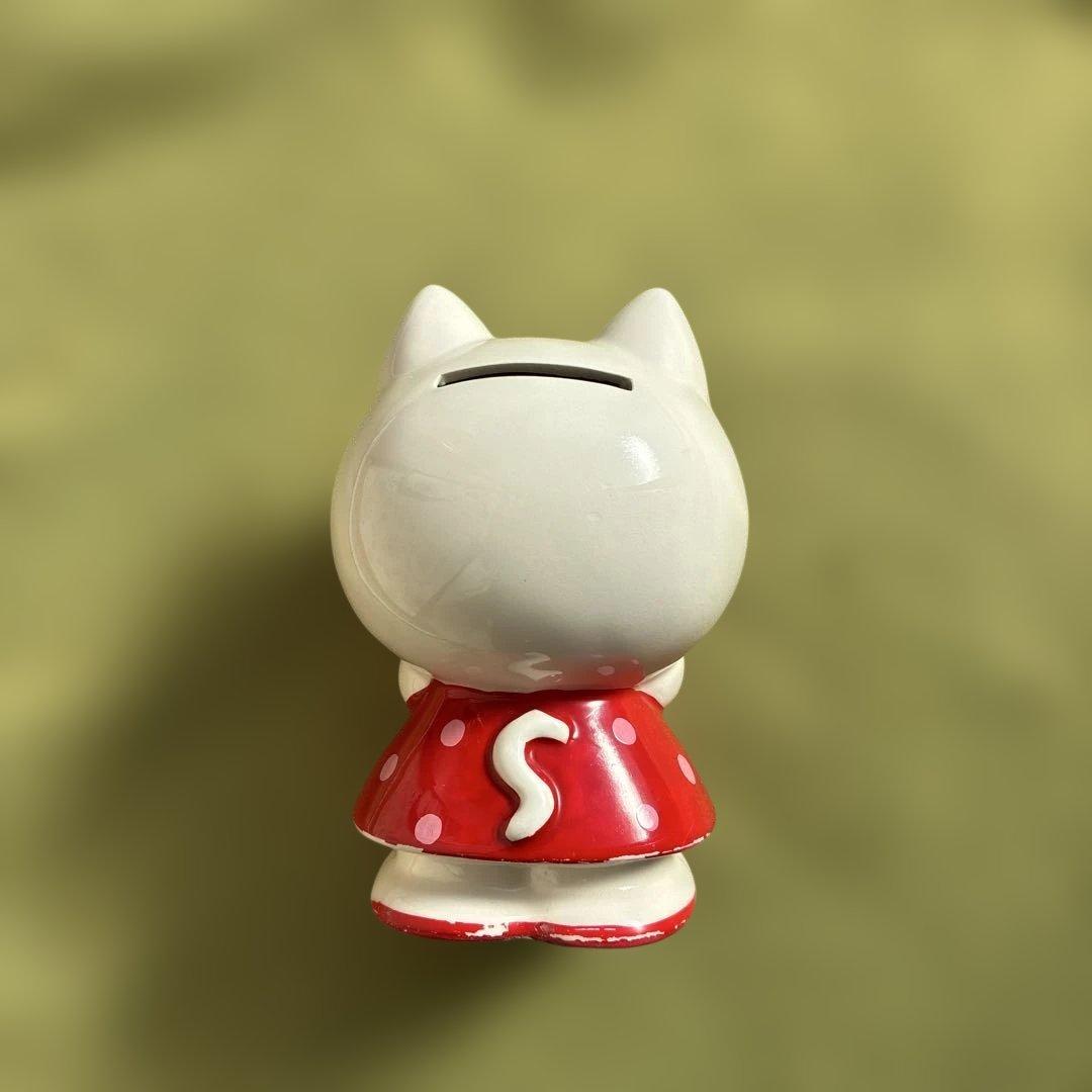 内藤ルネ　ネコの貯金箱　陶器製 赤い水玉