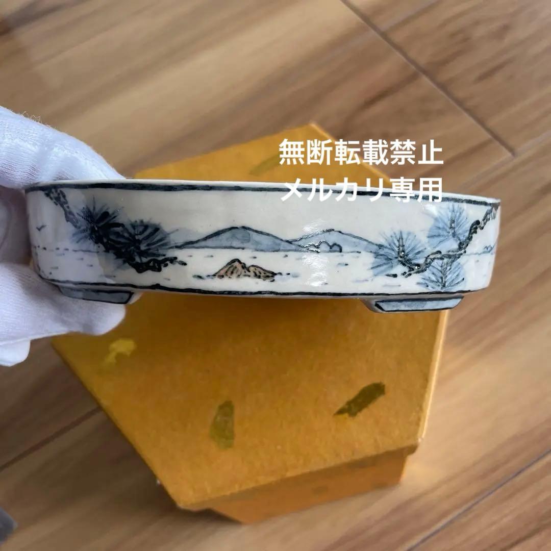 盆栽鉢　桑津香石　絵鉢　楕円形　浅型　山野草　小品盆栽