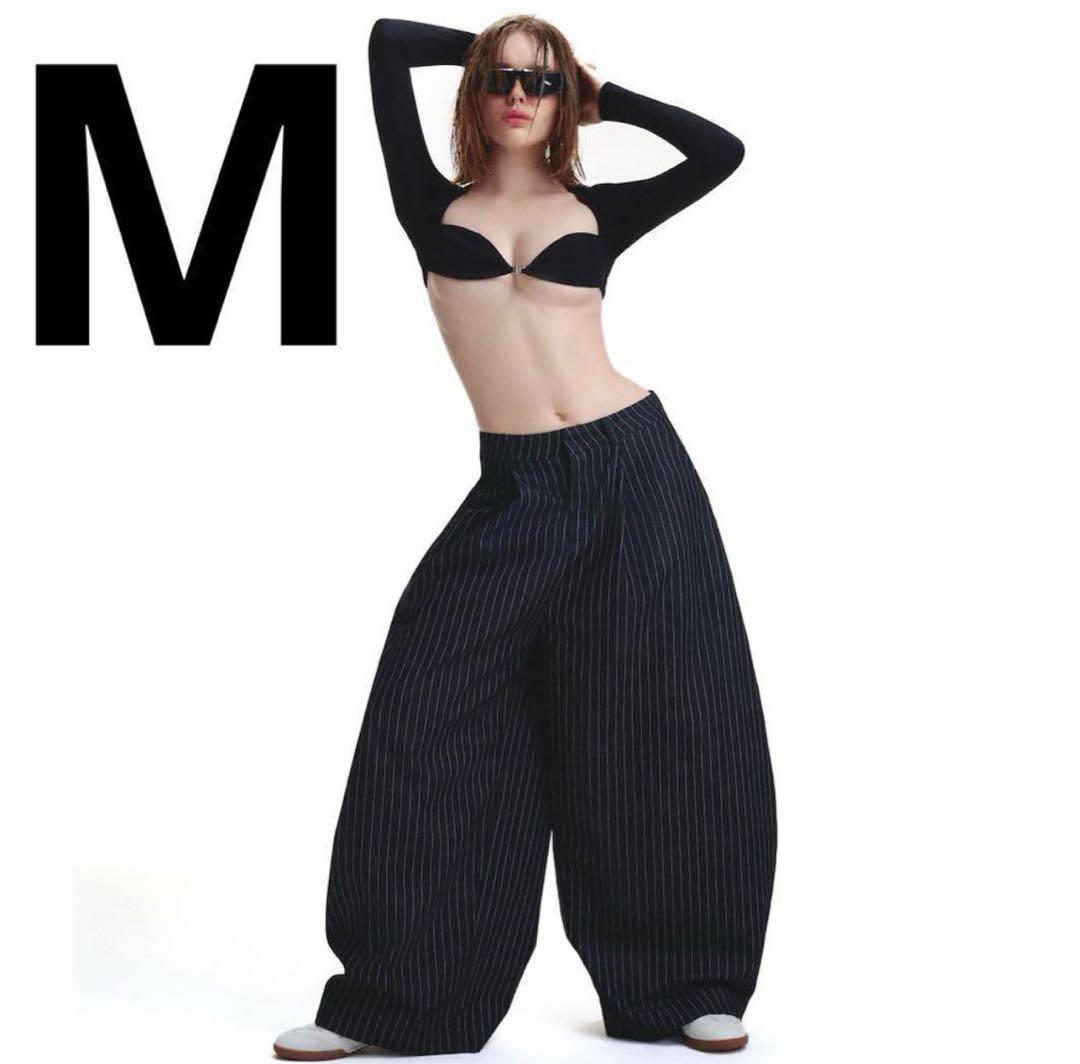 Mサイズ PUSH PUSH ワイドパンツ ブラック ストライプ デニム