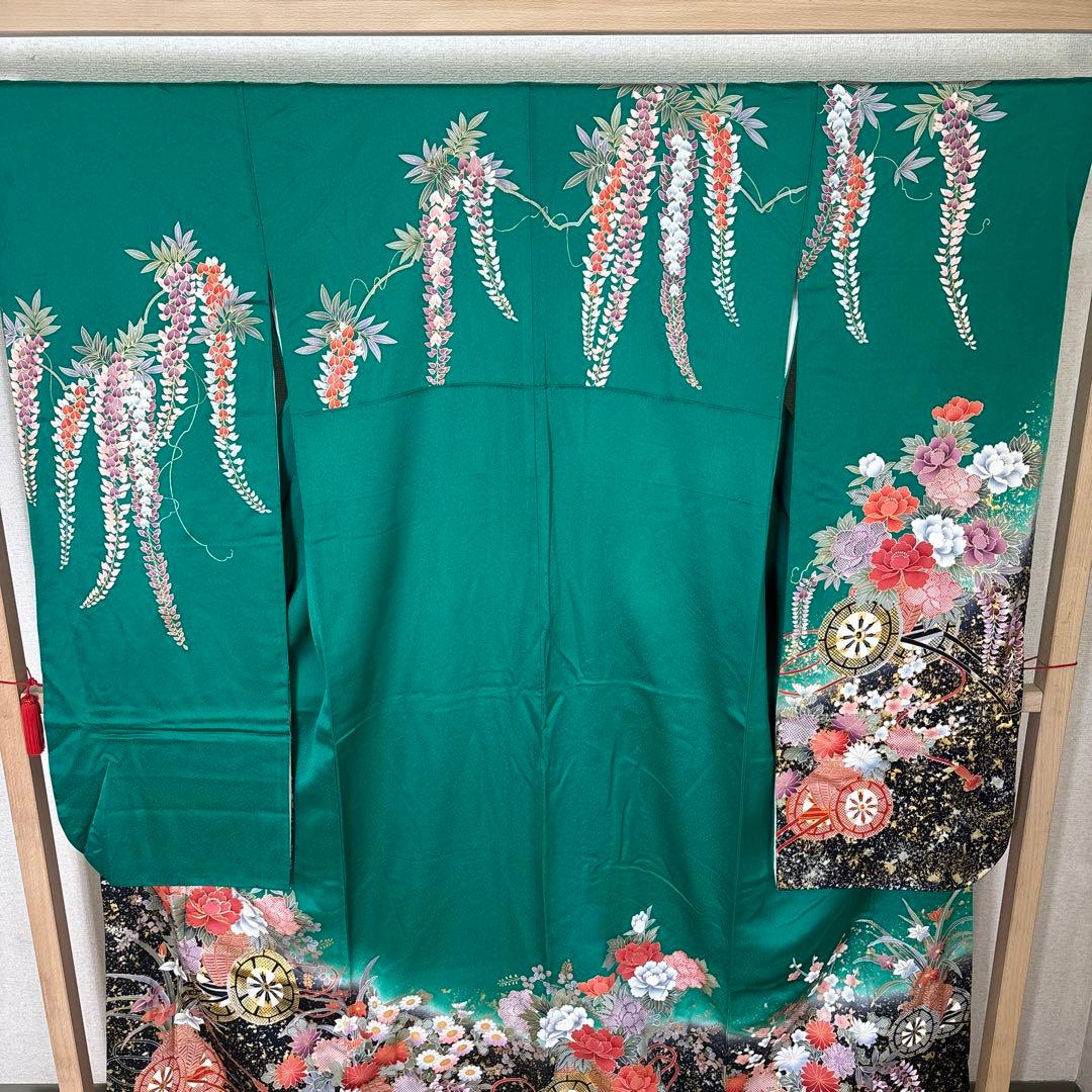 振袖 正絹 グリーン地 押し箔 素敵なデザイン k-6715