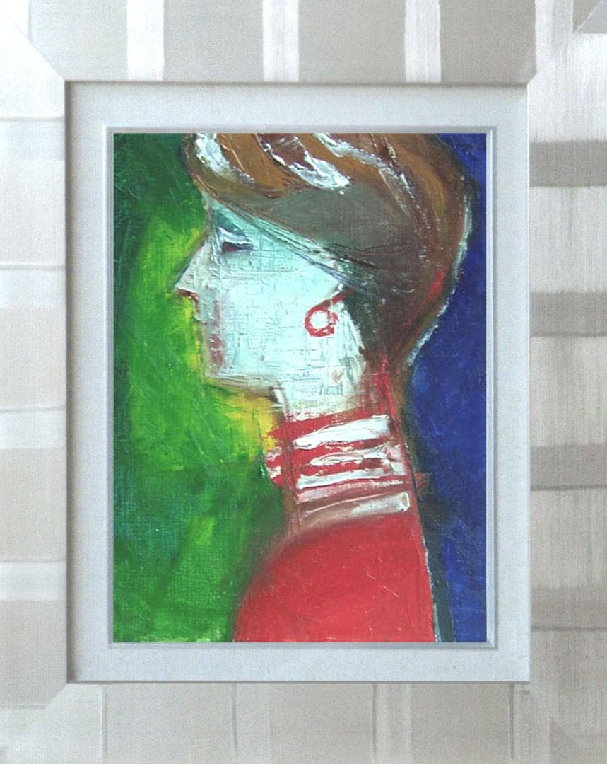 油絵 菅家令子 絵 絵画インテリア額付(青緑＋金色の枠)F4-070502人物女