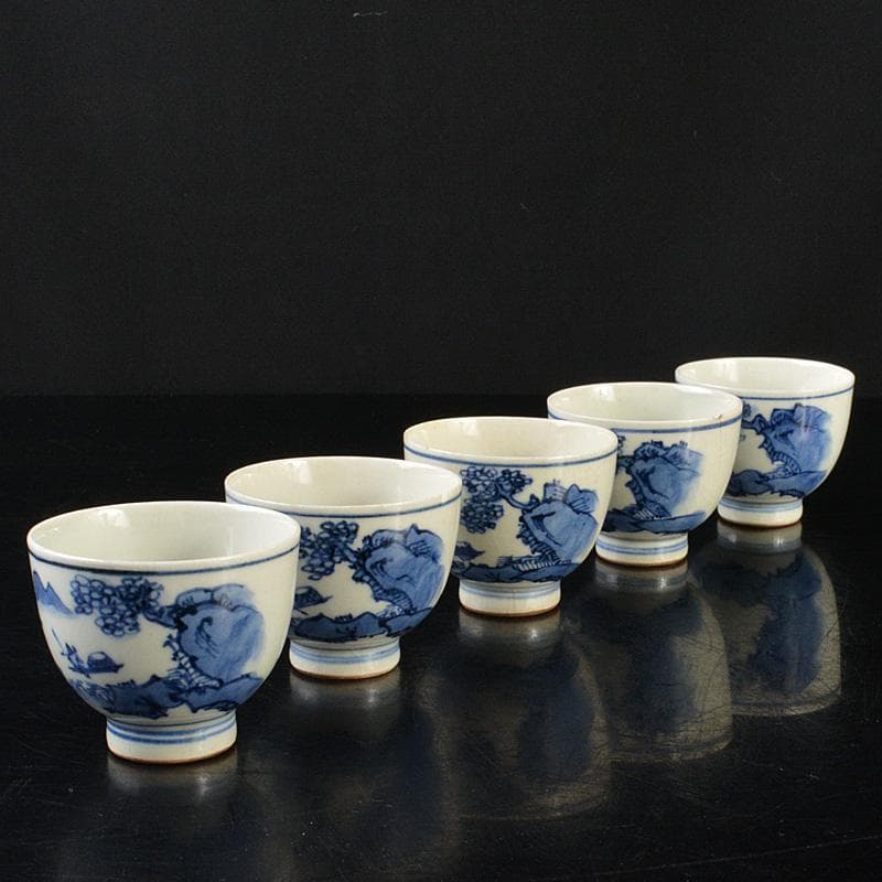 華中亭道八造　染付漢詩山水文　煎茶碗五客　時代箱　M　R6519