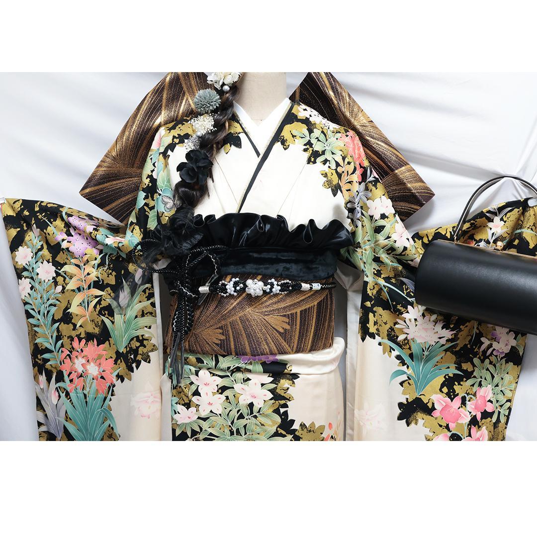 難あり■振袖・帯2点セット ◆人気のアイボリーホワイト系47Td