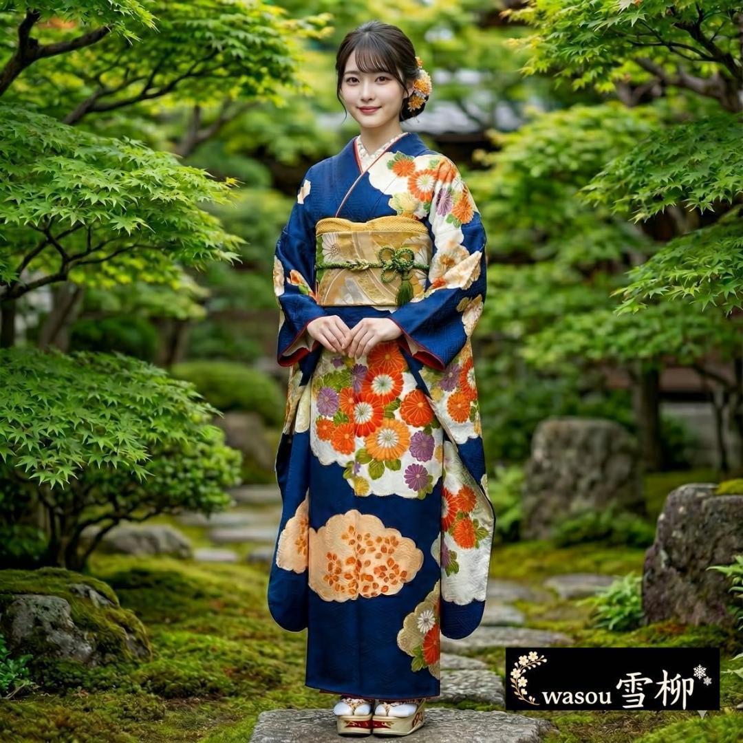 大正ロマンレトロ可愛い紺地×金駒刺繍♡振袖フルセット セミアンティーク 成人式