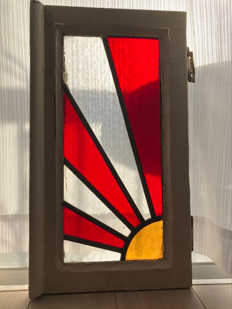 アンティーク　ステンドグラス　イギリス　木製窓枠付き　ステンドグラスパネル