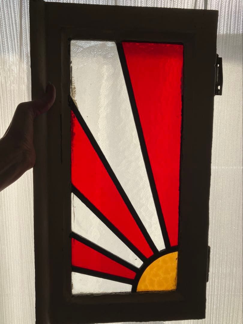 アンティーク　ステンドグラス　イギリス　木製窓枠付き　ステンドグラスパネル