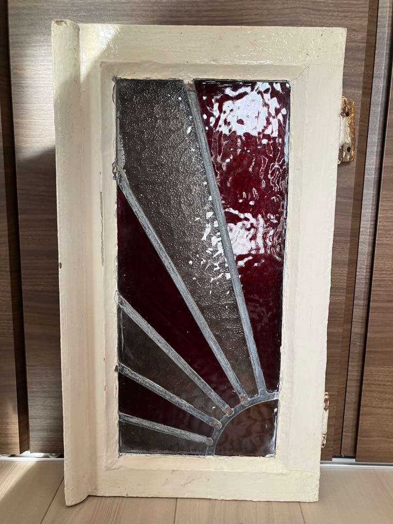 アンティーク　ステンドグラス　イギリス　木製窓枠付き　ステンドグラスパネル