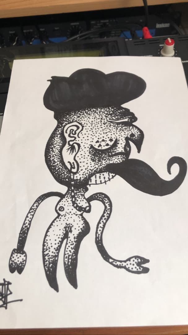 絵画　点描　にやけるオッサン