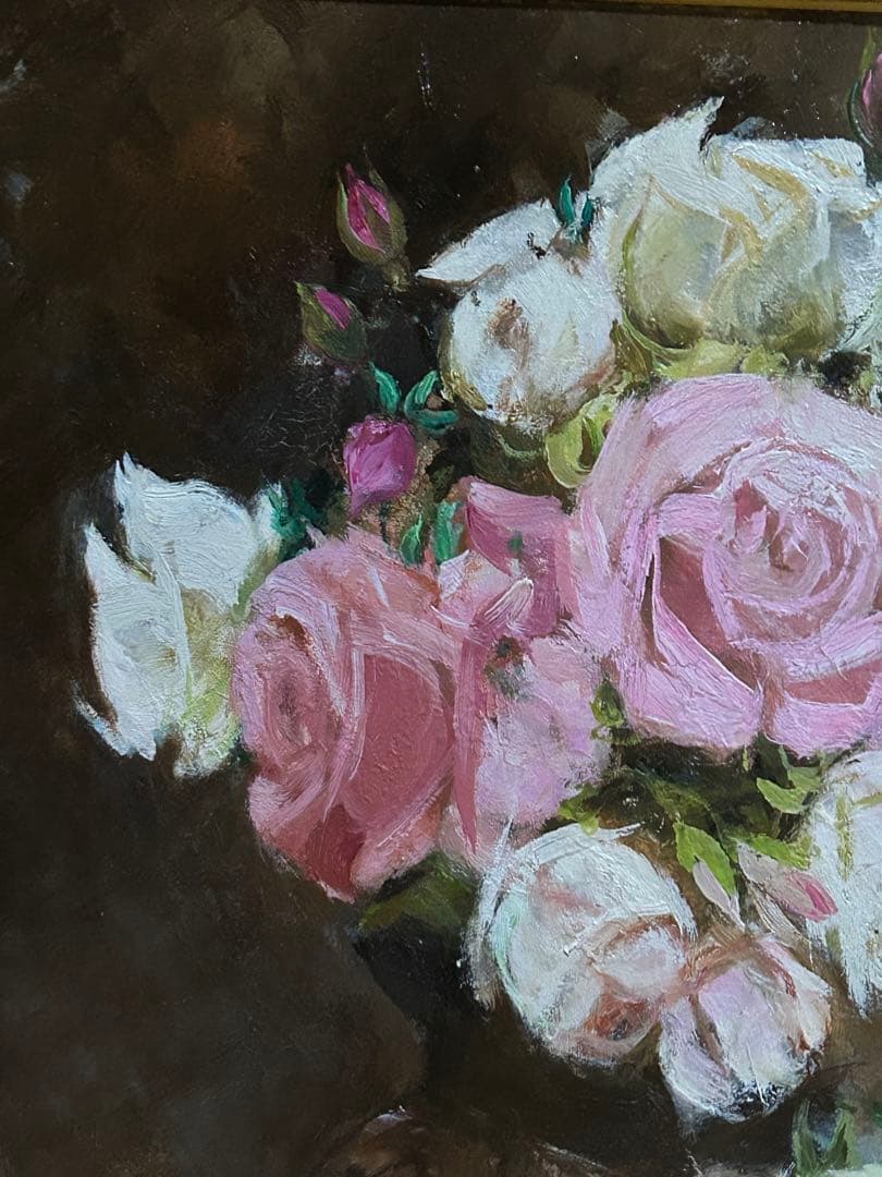 最終値下げ　中島絹子　作品　油絵　薔薇　花瓶　フラワー