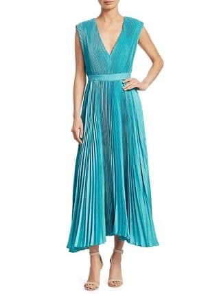 Alice Olivia 青 プリーツ Vネック ノースリーブ 光沢