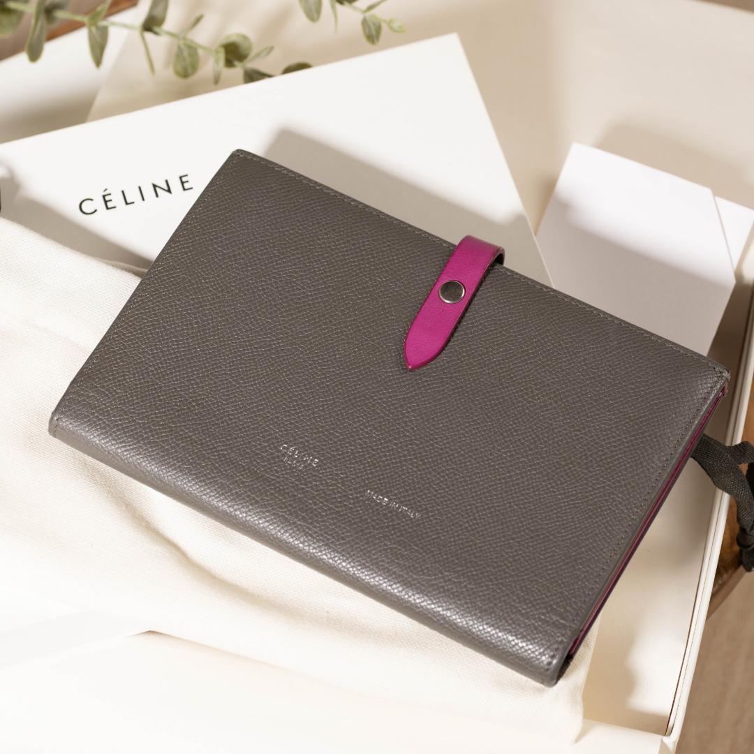 【美品】セリーヌ ラージストラップウォレット 長財布 グレー バイカラー レザー