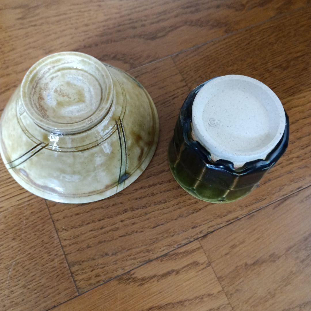 加藤伸也 黄瀬戸家紋茶碗 織部面取湯呑