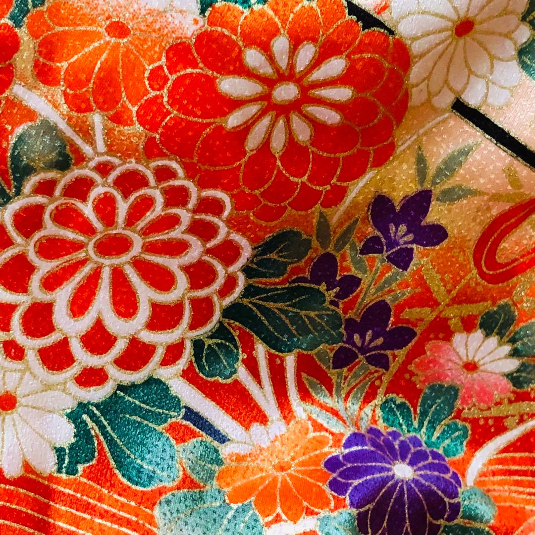 七五三七歳‼正絹豪華紫に裾赤地煌びやか❤️御所車金彩ラメ箔❤️完全フルセット