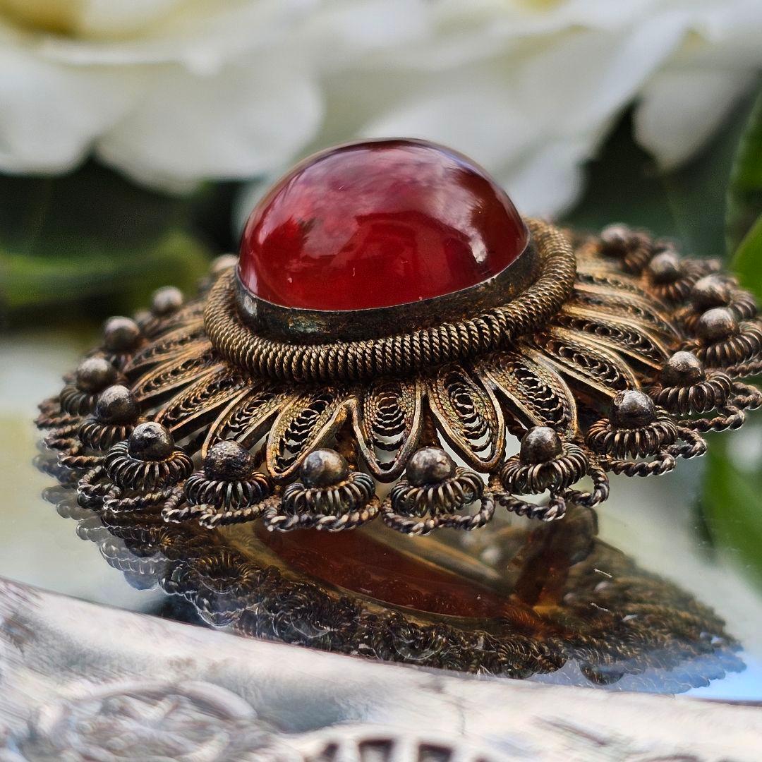 【255】 琥珀　アンバー　銀線細工　ヴィンテージブローチ