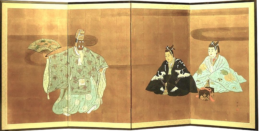 四つ折り屏風　日本画　金箔彩色　能舞い