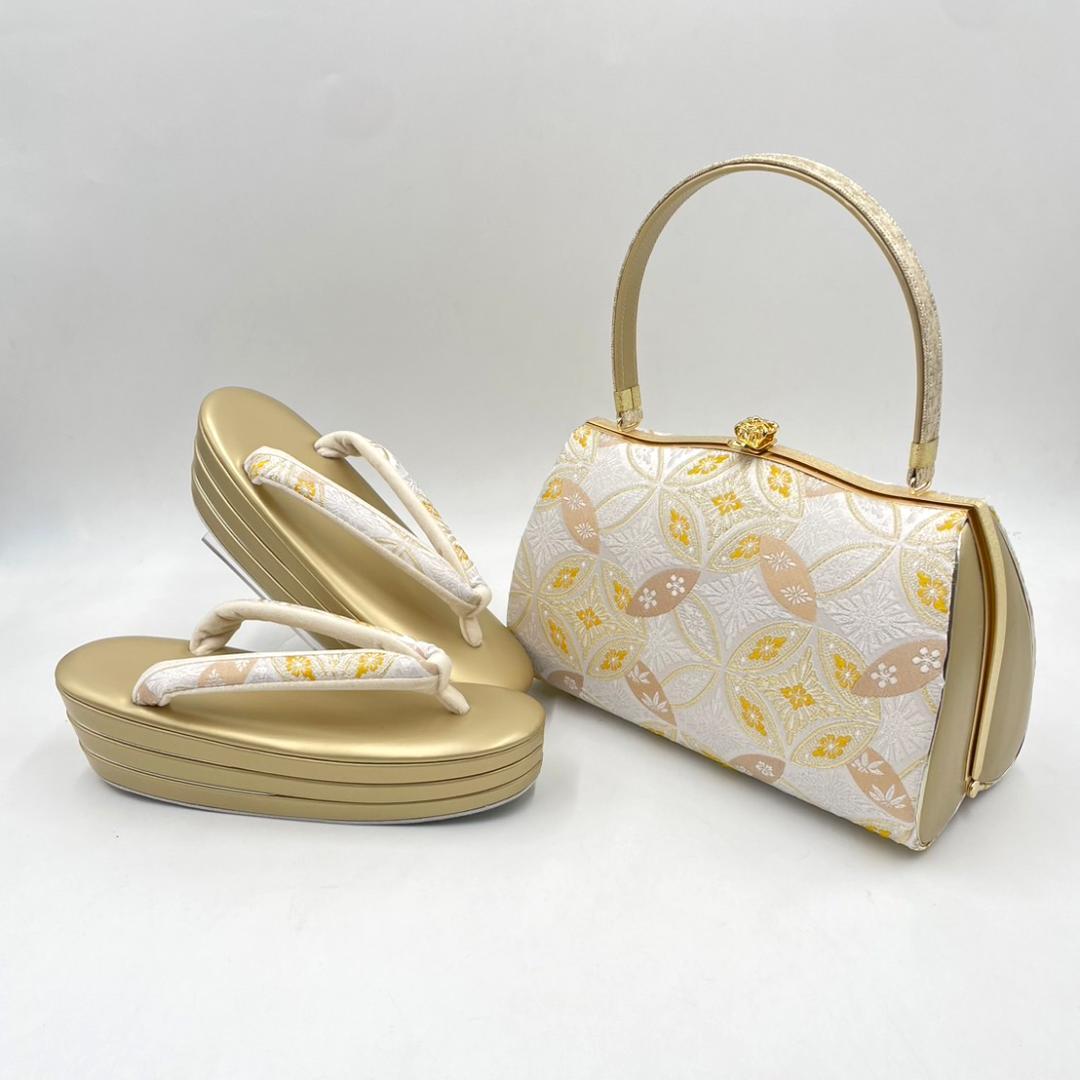 フォーマル礼装用　振袖 　日本謹製 西陣織　草履バッグセット 七宝柄ゴールド
