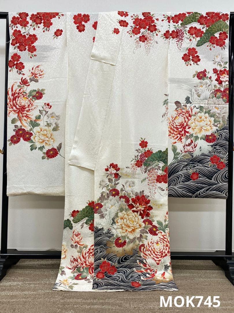 振袖 仮絵羽 舞台衣装 金彩 銀通し 牡丹 鶴 正絹 未仕立て品 八掛付き