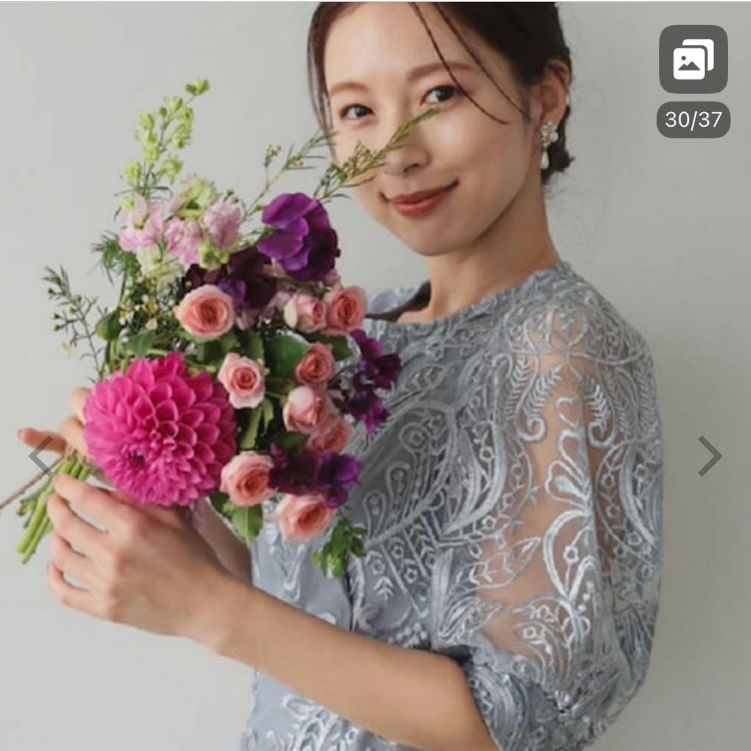 PREFERIR 刺繍レース バックリボンパーティードレス結婚式M グレー