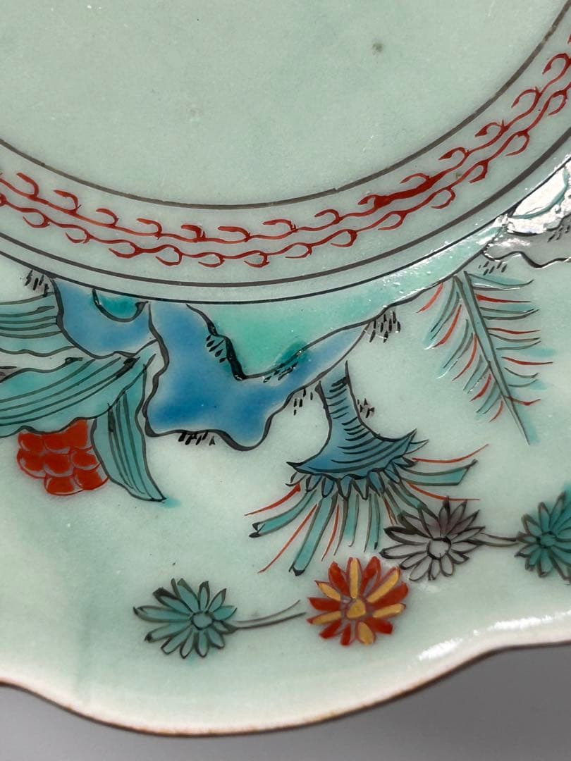 古伊万里　江戸青磁　柿右衛門手　青磁五弁花梅文様膾皿　五点　なます皿　菊　岩赤絵