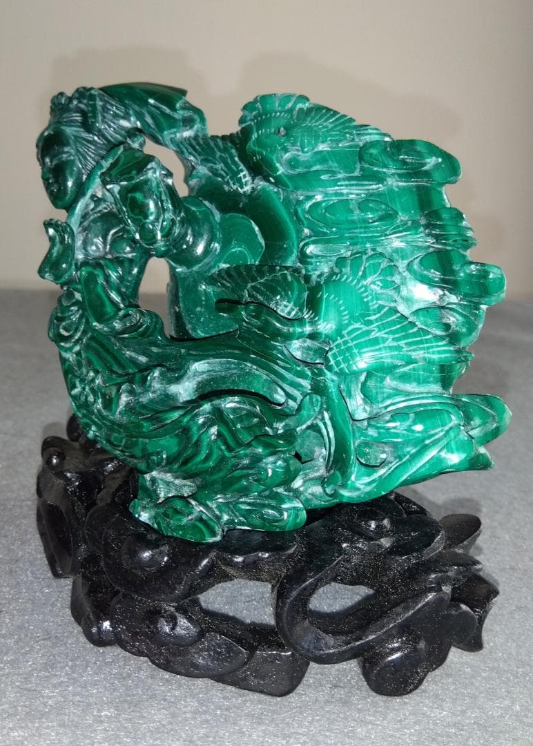 クジャク石【マラカイト】吉祥天女像台座 極細工 逸品 置物