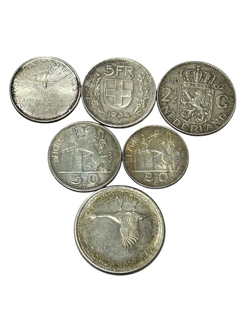 銀貨6枚セット ベルギー50フラン銀貨 カナダ100周年1ドル銀貨など