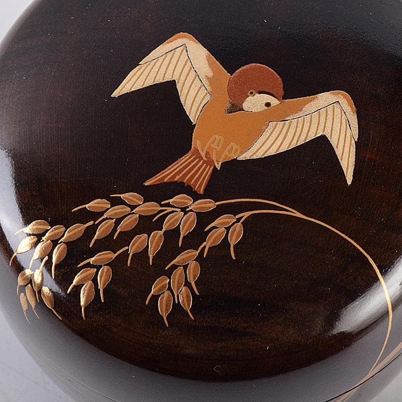 茶道具　山中塗　中村宗悦作　桜材　神代塗　稲穂雀蒔絵　丸香合　共箱　VR8978