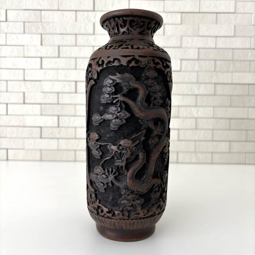 龍　花瓶　黒色花瓶　ドラゴン彫刻　一輪挿し　アンティーク　縁起物骨董品