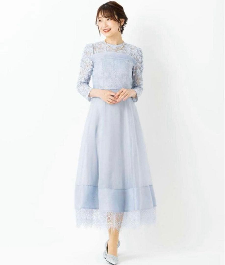 新品✨SNIDEL　ボリュームフレアレースドッキングドレス　結婚式　ライトブルー