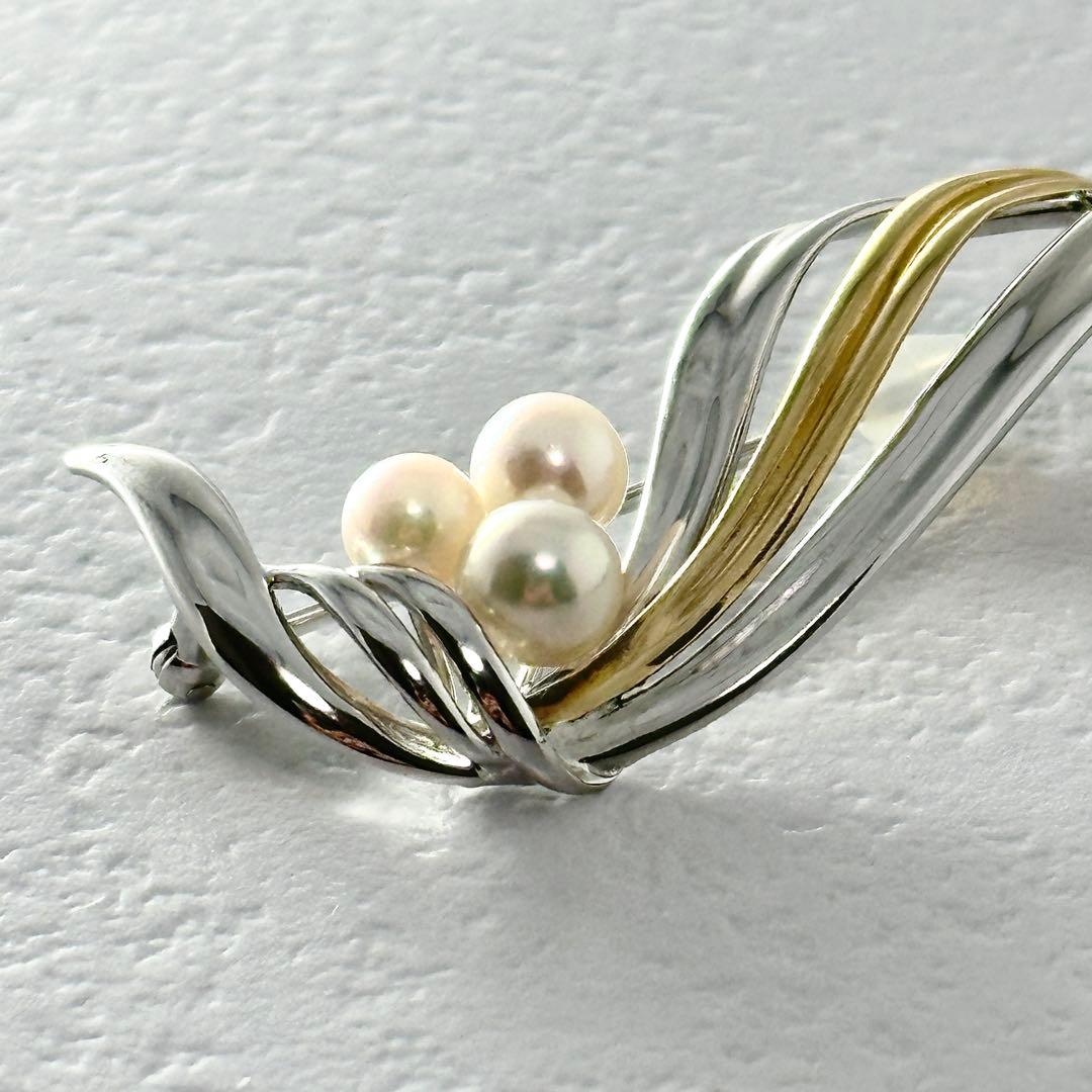 TASAKI　タサキ　3珠　パール付　コンビ　ブローチ　シルバー　K18