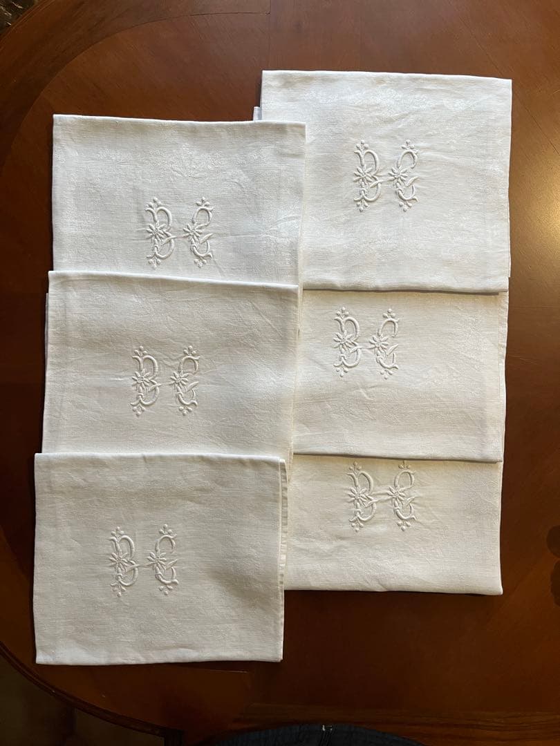 ◆フランスアンティーク｜イニシャル刺繍トーションセット、ダマスク織り白ナプキン