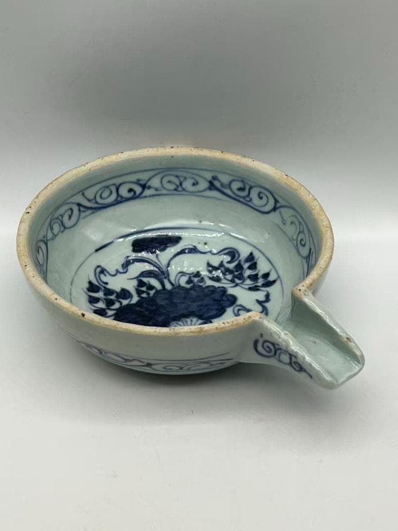 元時代　染付青花蓮池唐草文洗　輪花盤　古染付皿　唐物　古賞物(A-107)