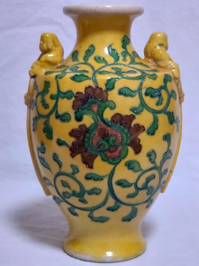 古玩　南紀男山焼　交趾唐草文　花入　古箱入