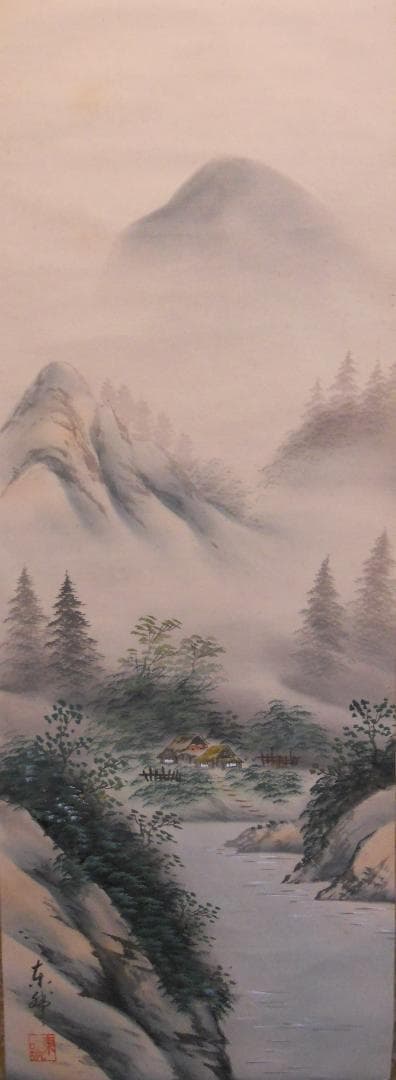 掛け軸 東號 彩色山水 絹本 希少 軸装 茶道具 掛軸 美品 です。