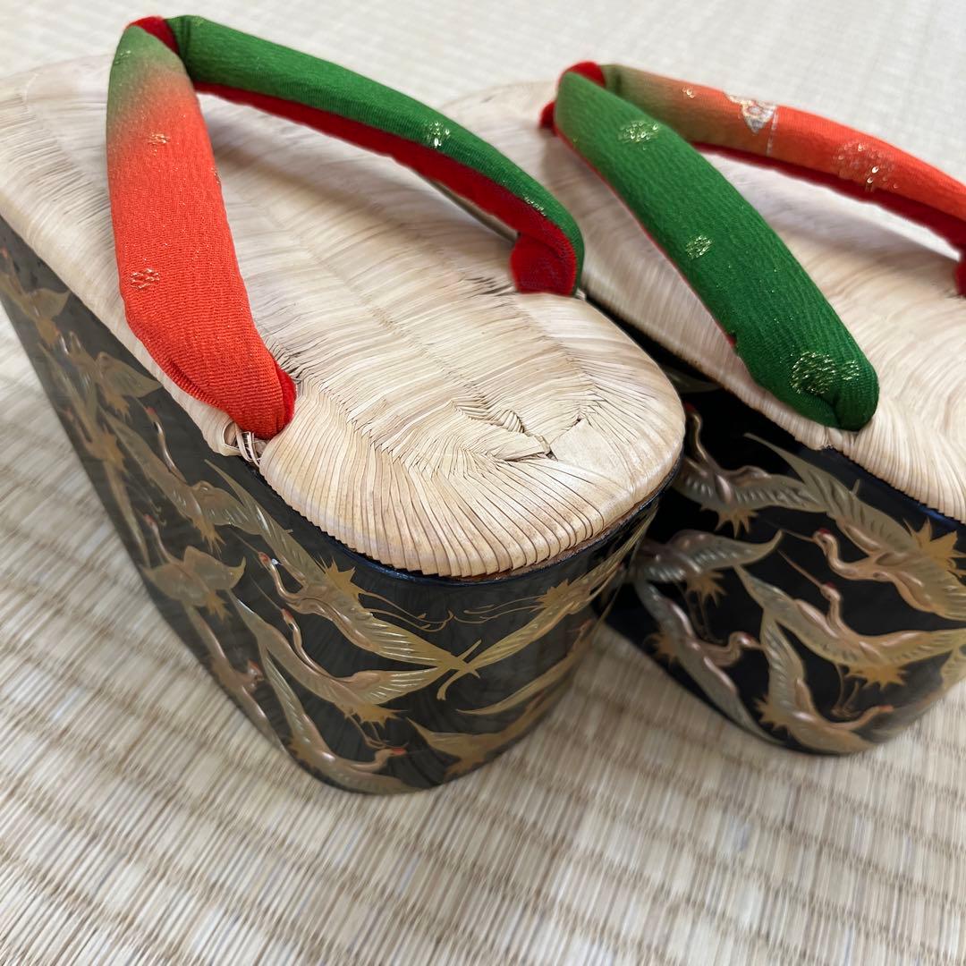 七五三 ぽっくり 七歳 飛鶴 漆金蒔絵 本畳 (未使用品)