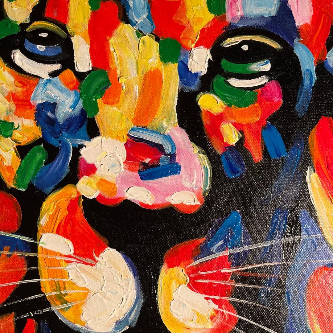 手書き油絵 七色のライオン 額付 肉筆絵画 インテリア 油彩画