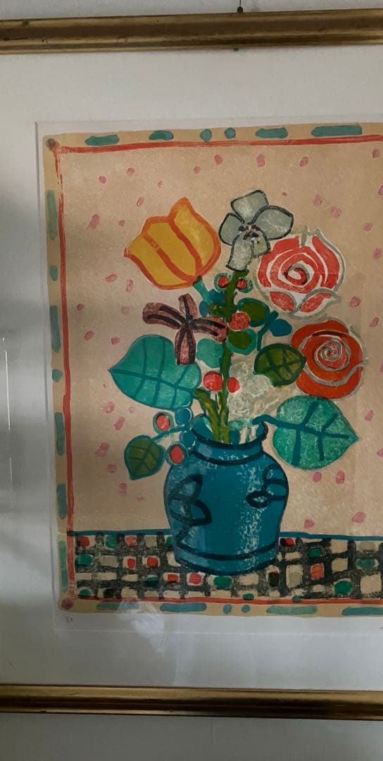 ポールアイズピリ　 ベージュの背景の青い花瓶の花束　　リトグラフ